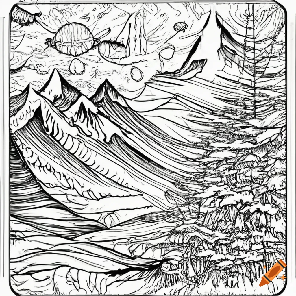 Woodland mountain scene in black and white coloring book style on Craiyon