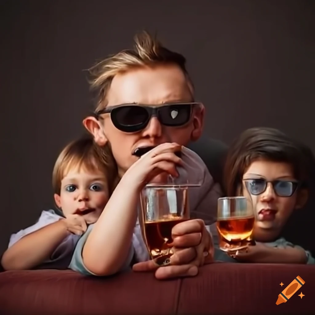 Family sitting on couch, father with whiskey, mother yelling, children
