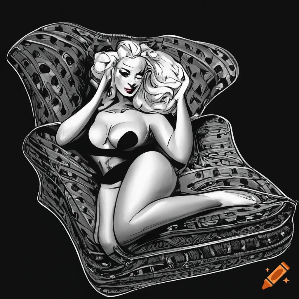 Sensual pinup cartoon in a lying down black and white style