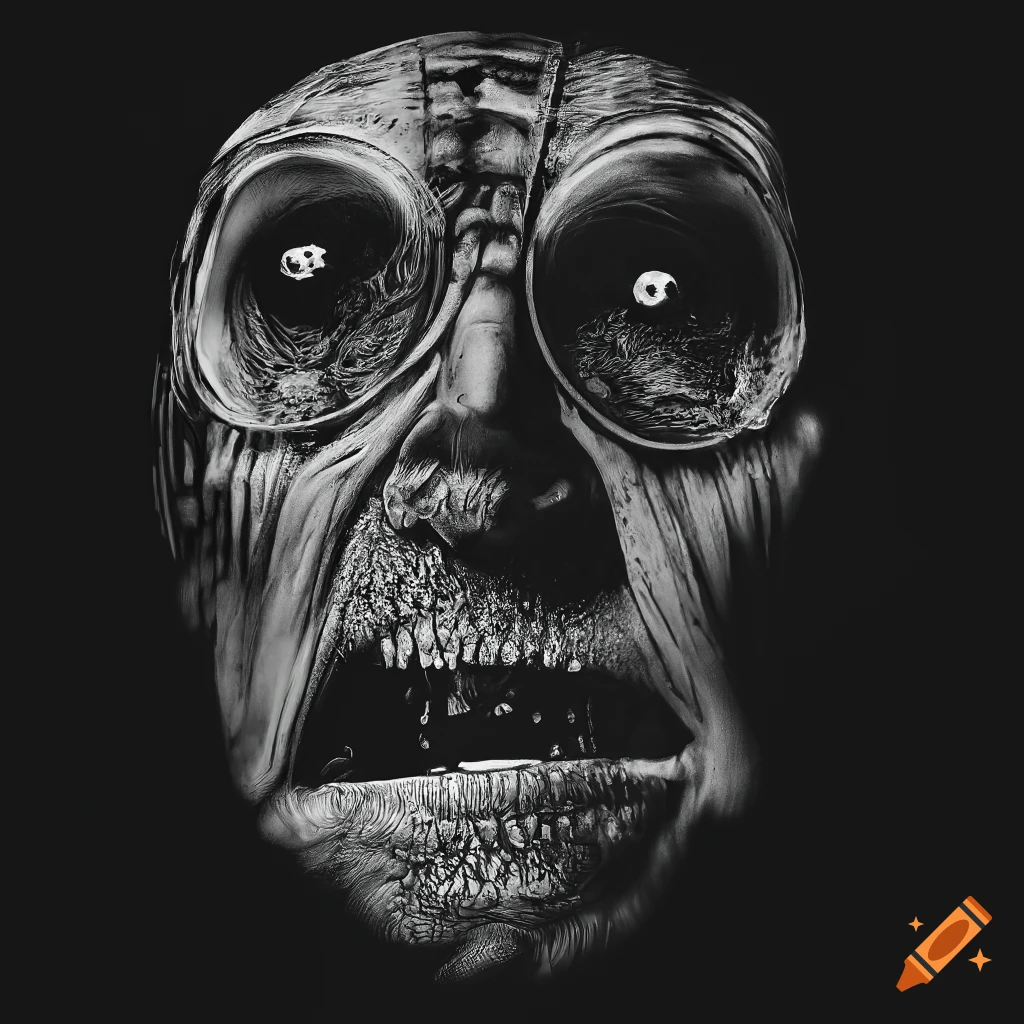 High contrast scratchboard illustration in hyperrealist style with menacing and occult themes