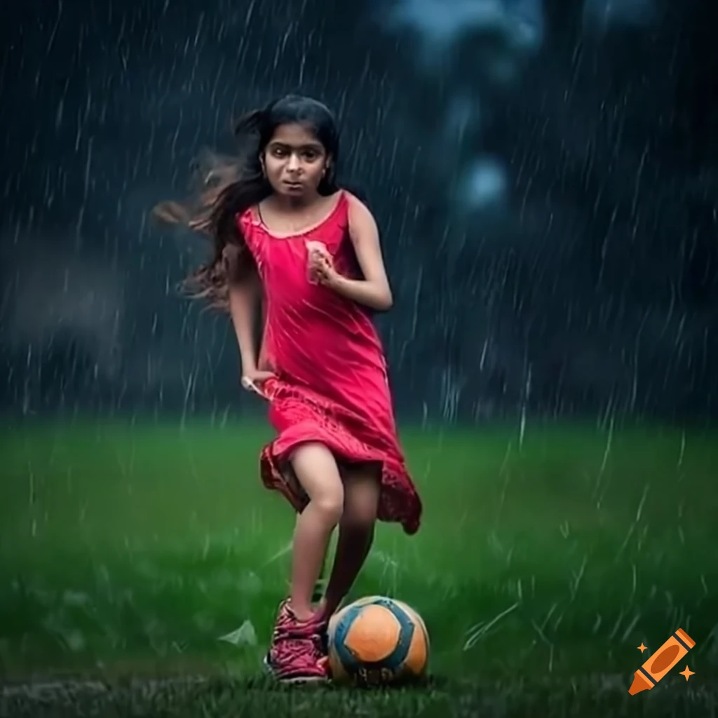 Kerala girl playing football in the rain