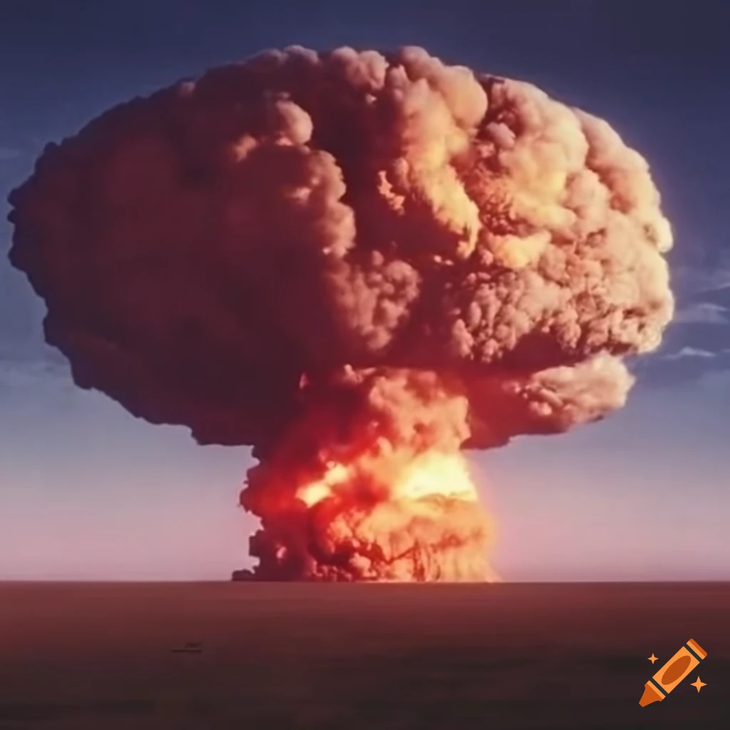 Historical colored photo of a large nuclear explosion in the plains