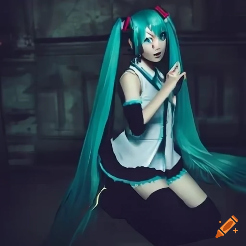 Hatsune miku in a horror game by capcom on Craiyon