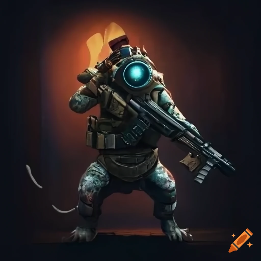 Cinematic firefight between war era ratfolk cybernetic rodent commando rats