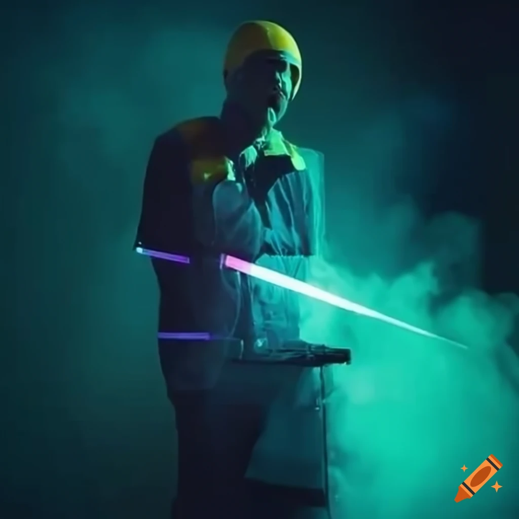 DJ in a safety vest shooting lasers in a smoke-filled shack
