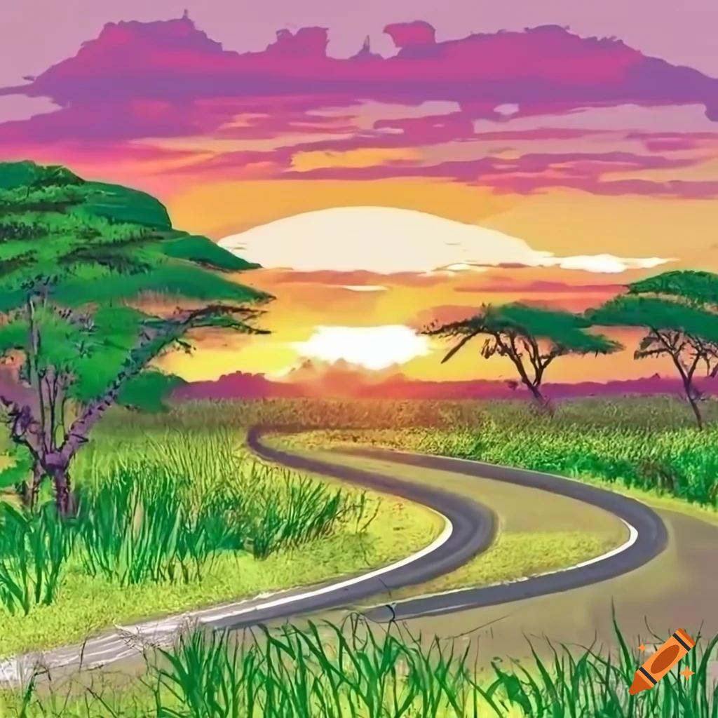 African sunset savannah landscape with winding roads and lush vegetation