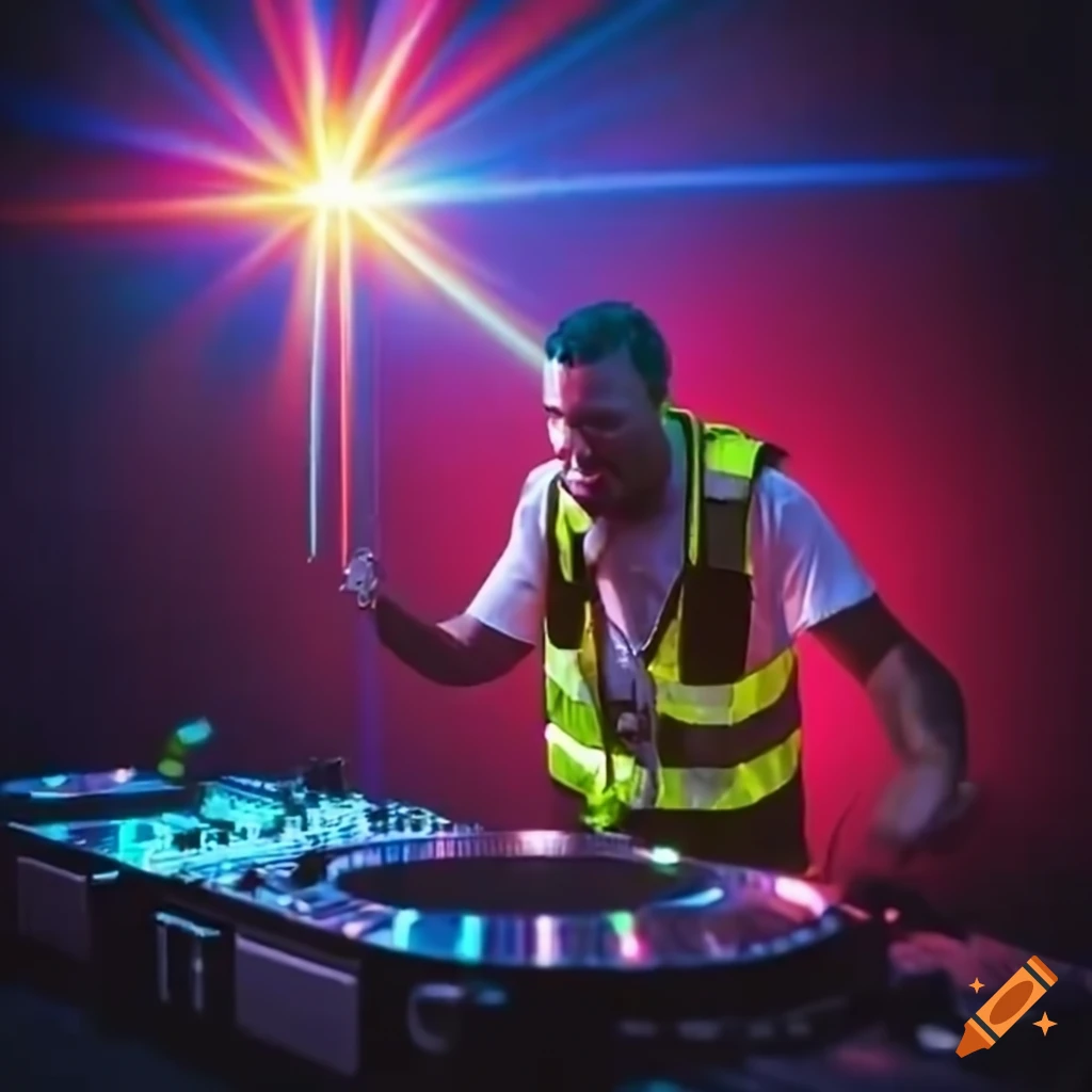 DJ in safety vest with laser effects in a smoky shack