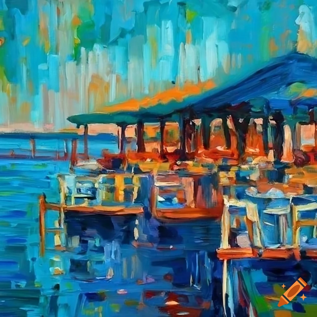 Bayside Restaurant With Covered Outdoor Seating In An Impressionist Bayside Restaurant With Covered Outdoor Seating In An Impressionist