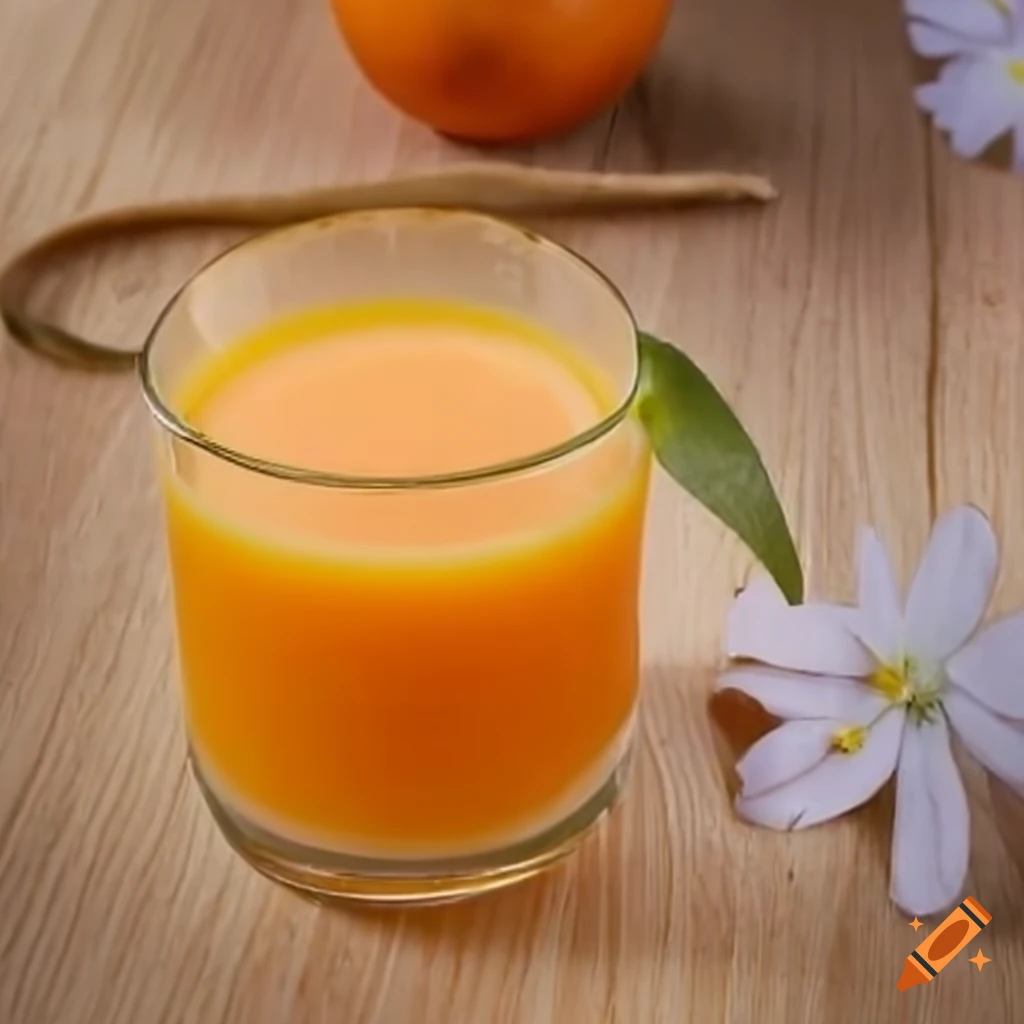 Glass of orange juice with flower decor