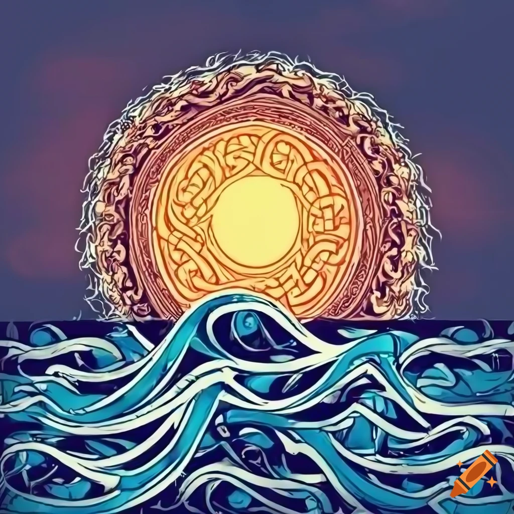 Detailed line art of ocean waves with sea birds and setting sun in Celtic filigree design