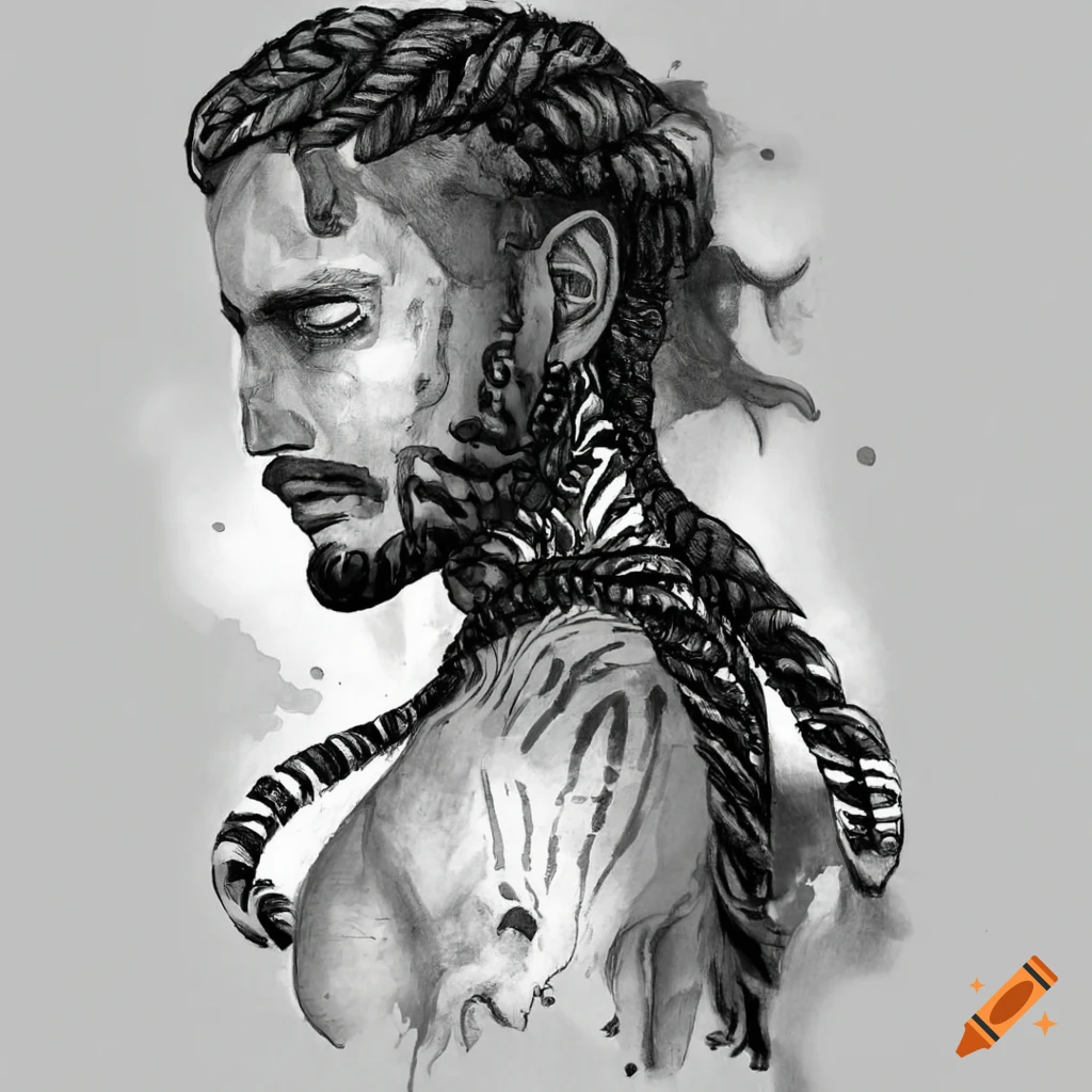 Youthful god with wavy hair, beard, and zebra-patterned scar in a black-and-white sketch