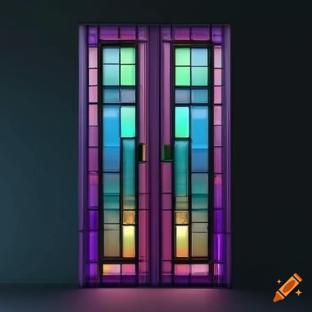 Double door with colorful mosaic pixelated stained glass