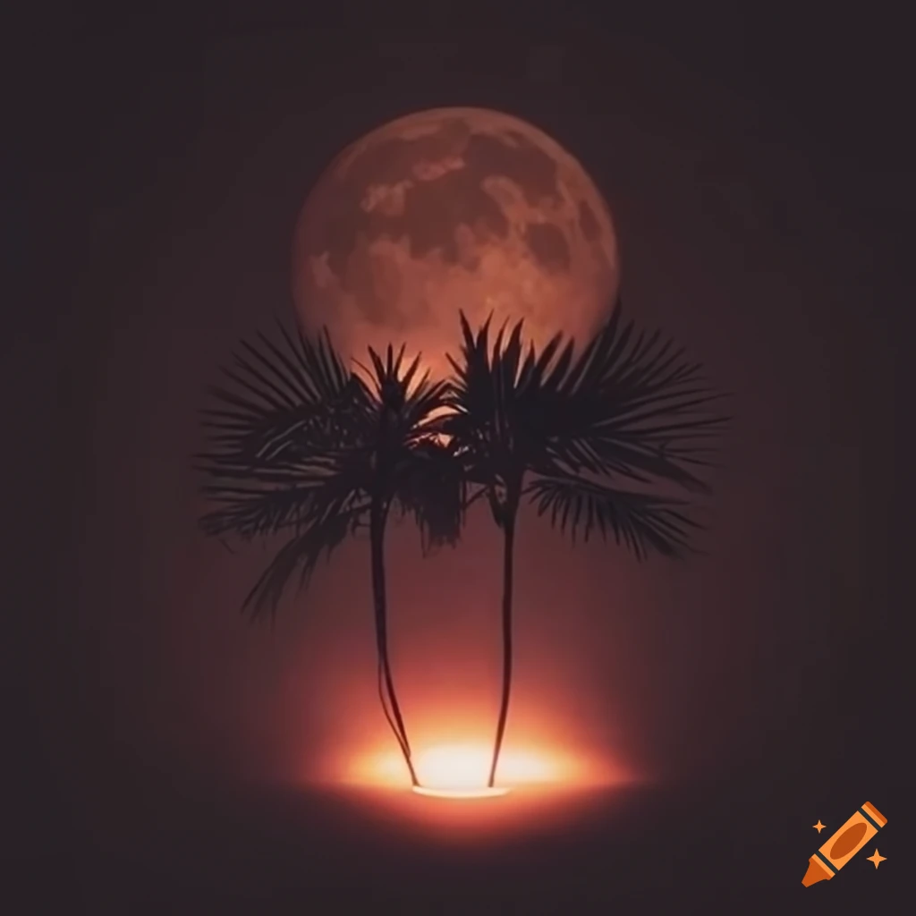 Dark ambient light with a spotlight on a palm tree under a full moon