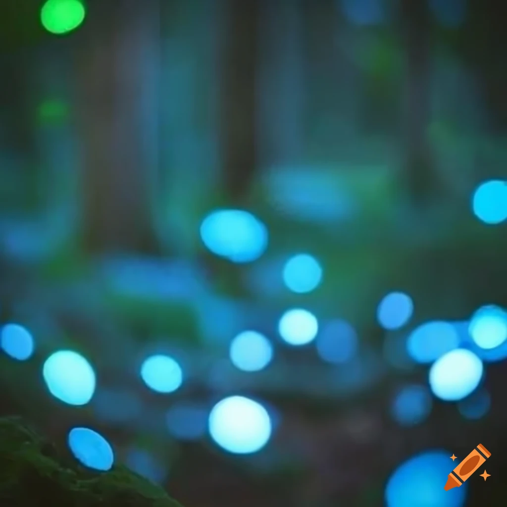 Nighttime forest with blue mushrooms in bokeh effect