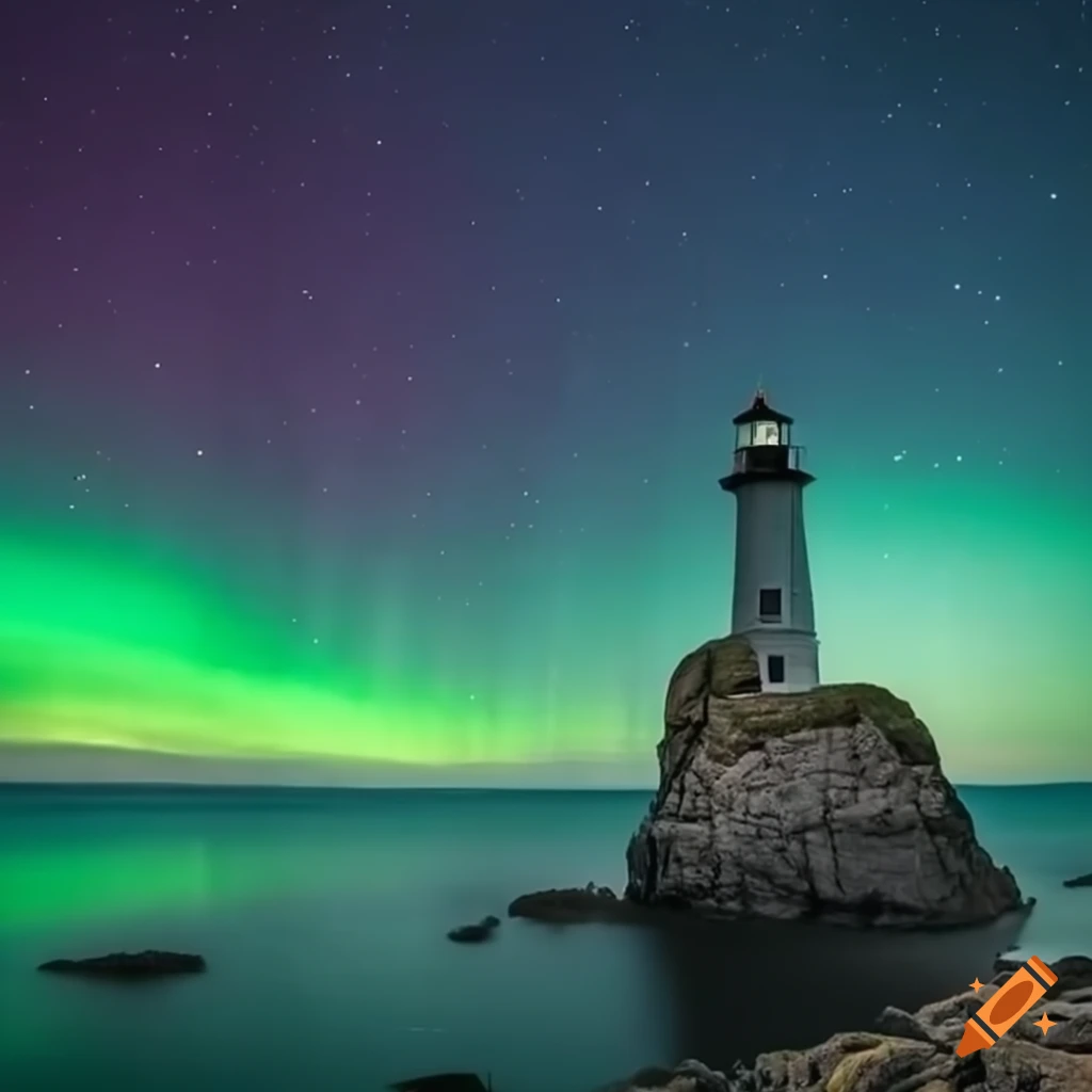 Lighthouse on rocky coast under a dreamy aurora sky