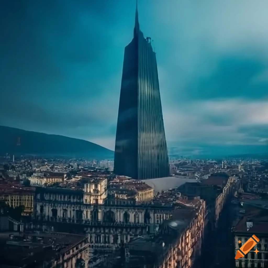 Aerial shot of nature reclaiming futuristic skyscrapers in Turin, Italy after rain