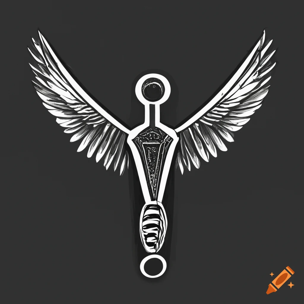 Contrast symbol with kunai, feathered wings, and circle in black and white
