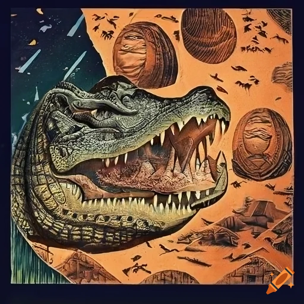 Galaxy Adventure travel poster with Stave Carvings, Rockwell Escher Vermeer in vibrant woodblock style