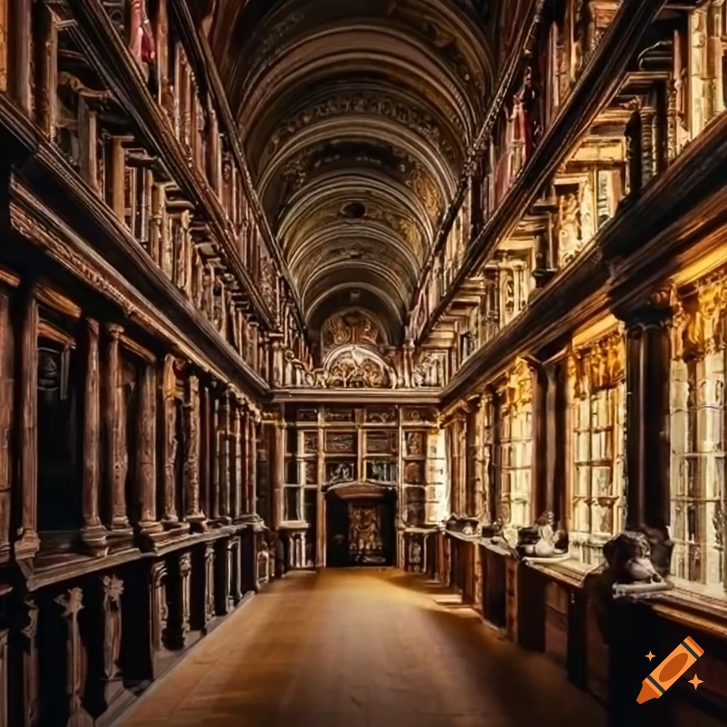 Grand English library with heavy wooden bookshelves