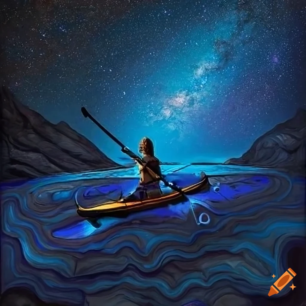 Woman paddling a kayak under a cobalt blue milky way in an MC Escher style painting