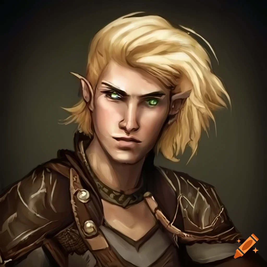 Half-Elf charismatic male rogue with blond hair and green eyes