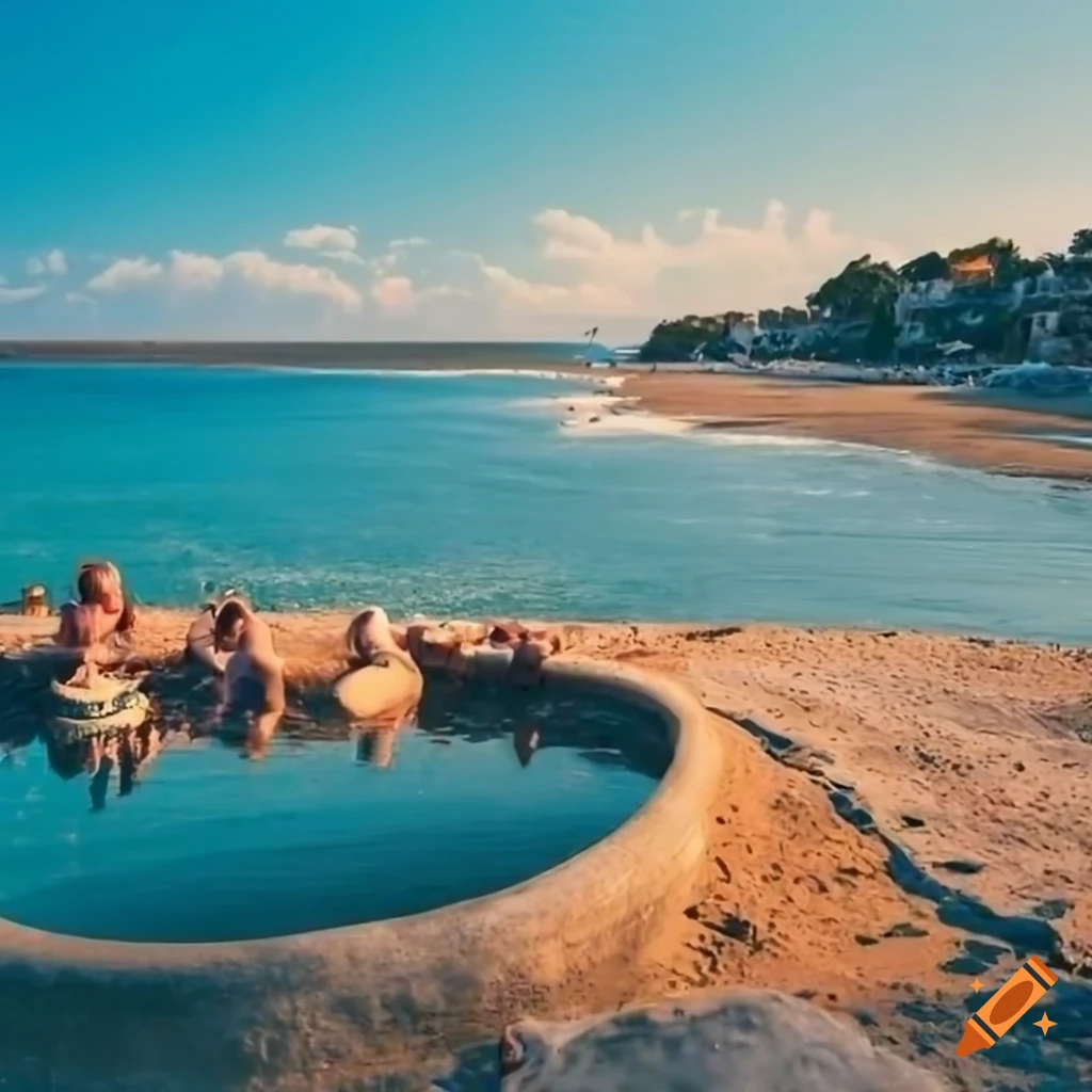 Peaceful Mediterranean beach with people near shoreline