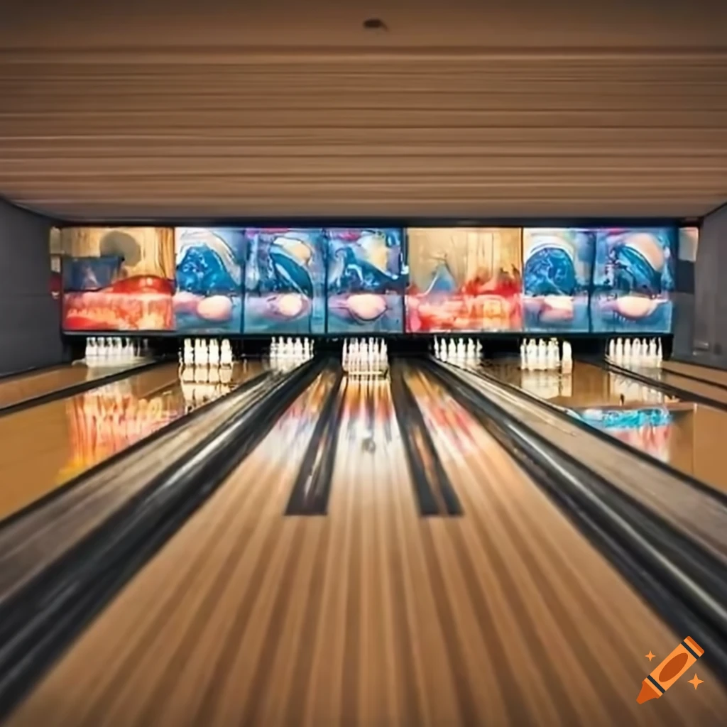 Bowling alley scene with perfectly aligned pins