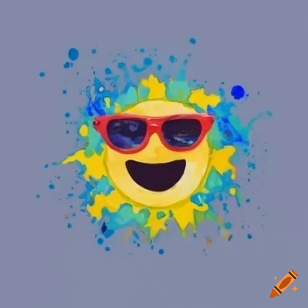 Smiling sun with sunglasses and sunhat in a whimsical art style