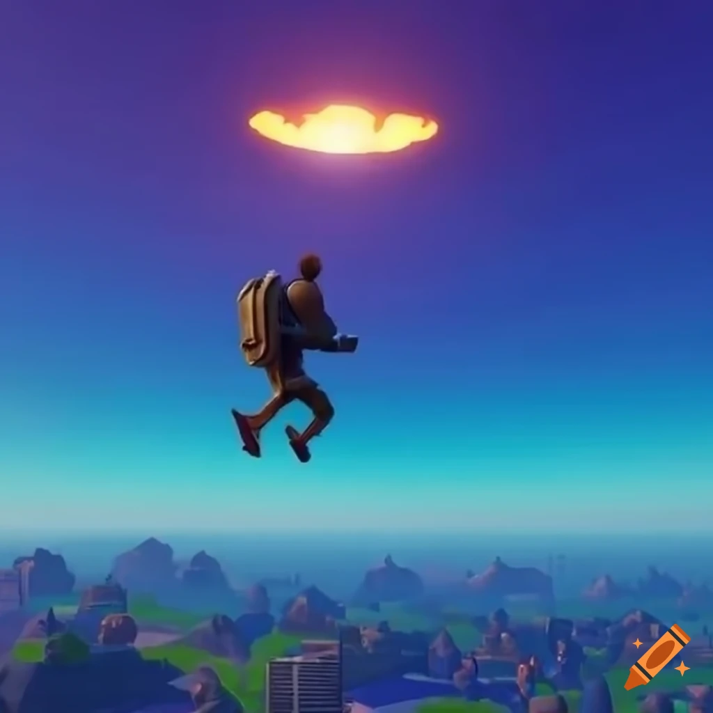 Person skydiving in a Fortnite-inspired scenario with buildings and sunset
