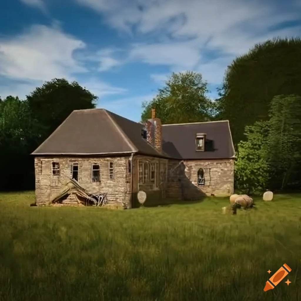 Farm with gardens, hay, barns, tractors, and Victorian style house