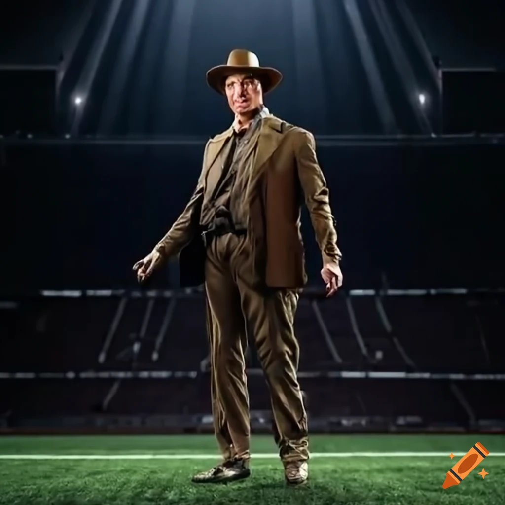 Indiana Jones as a football coach in an empty stadium with dramatic lighting
