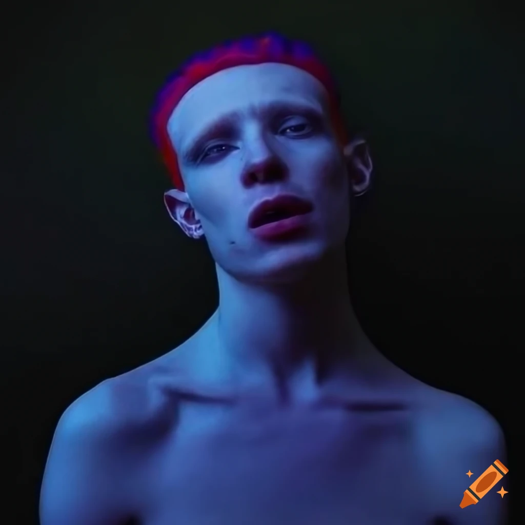 Photorealistic image of a skinny musician in futuristic streetwear