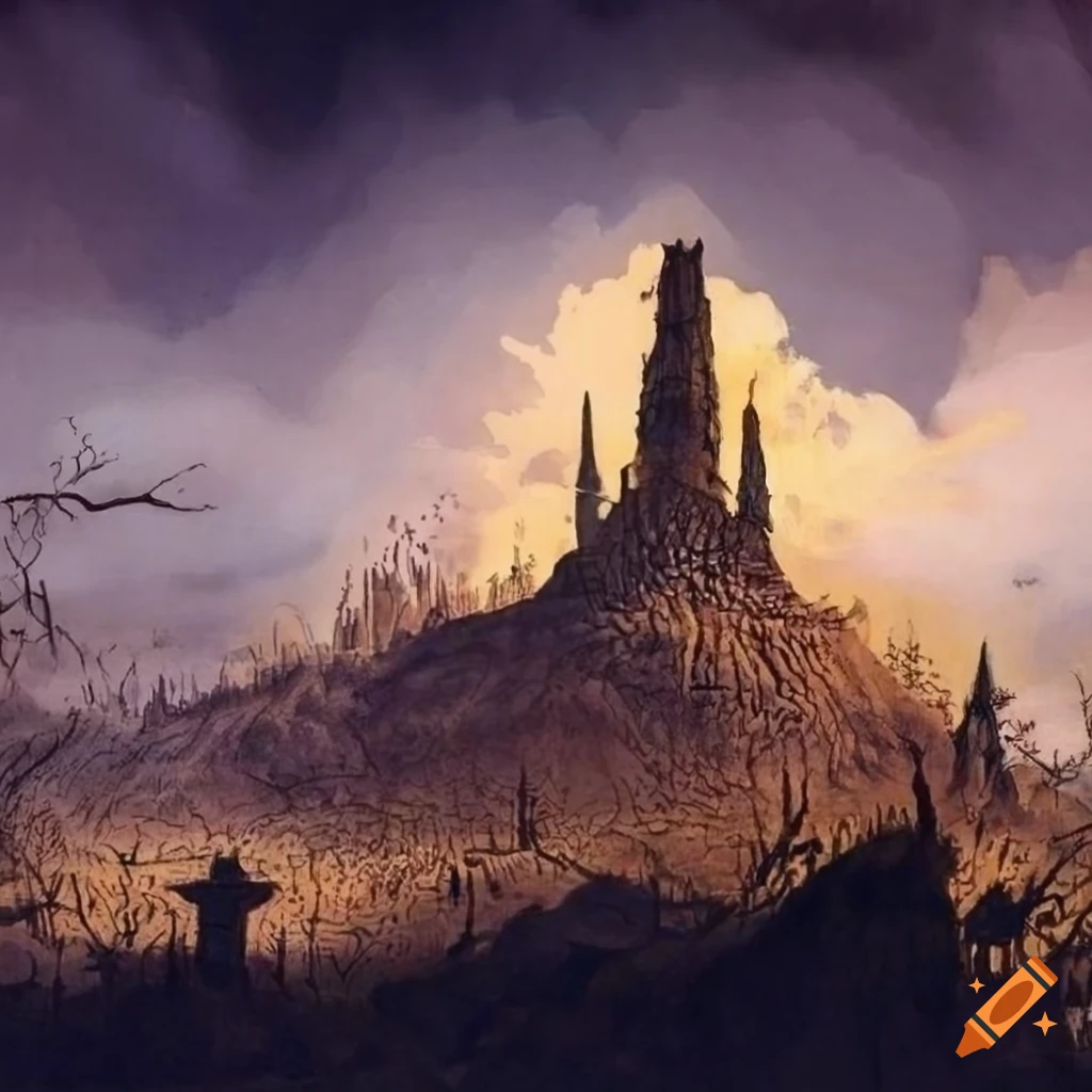 Mystical desert with wooden tower inspired by Theodor Kittelsen and Piranesi