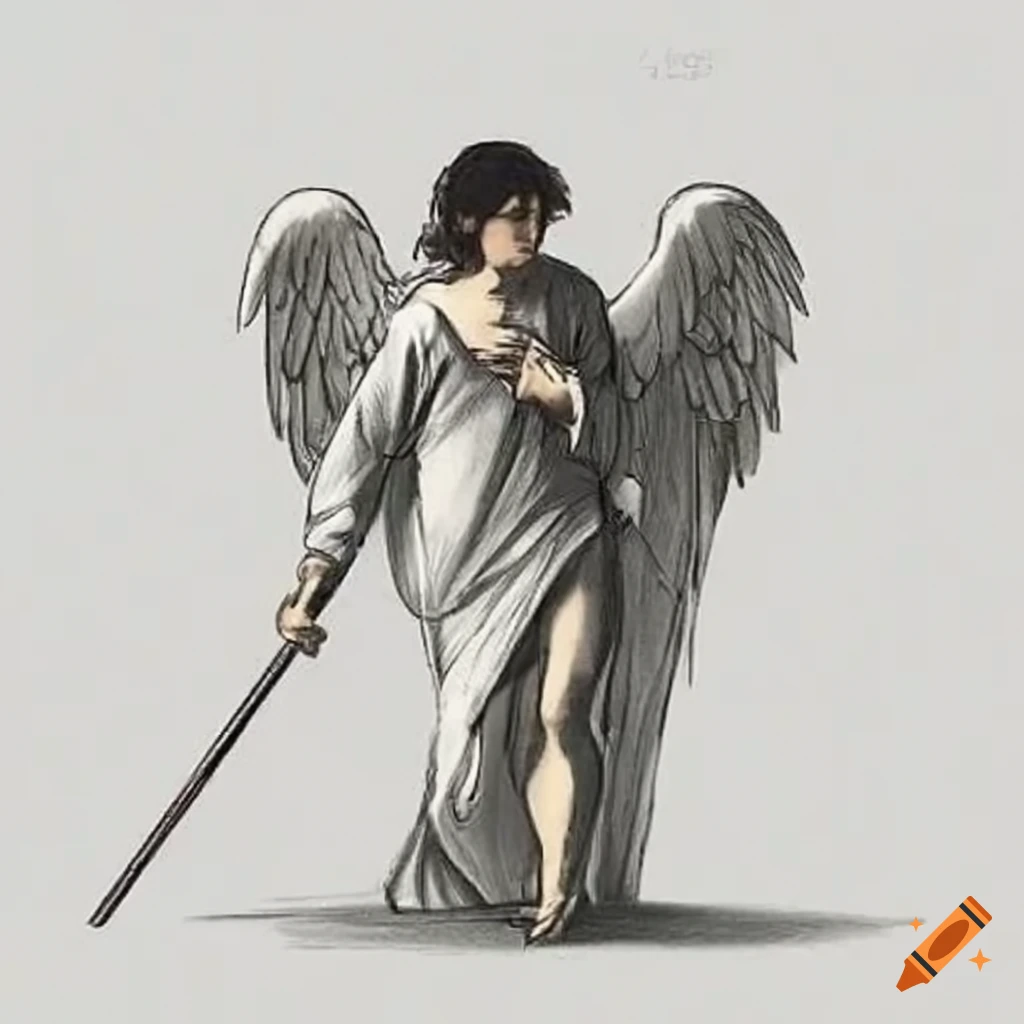 Sad angel with longsword in scratchy pencil drawing