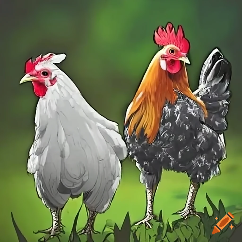 Colorful chickens having fun in a wooded yard