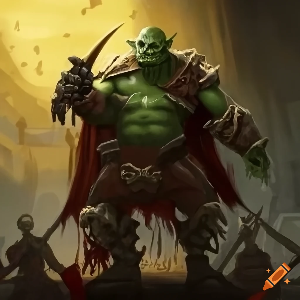 Orc posing in front of a skeleton army in a Magic the Gathering scene