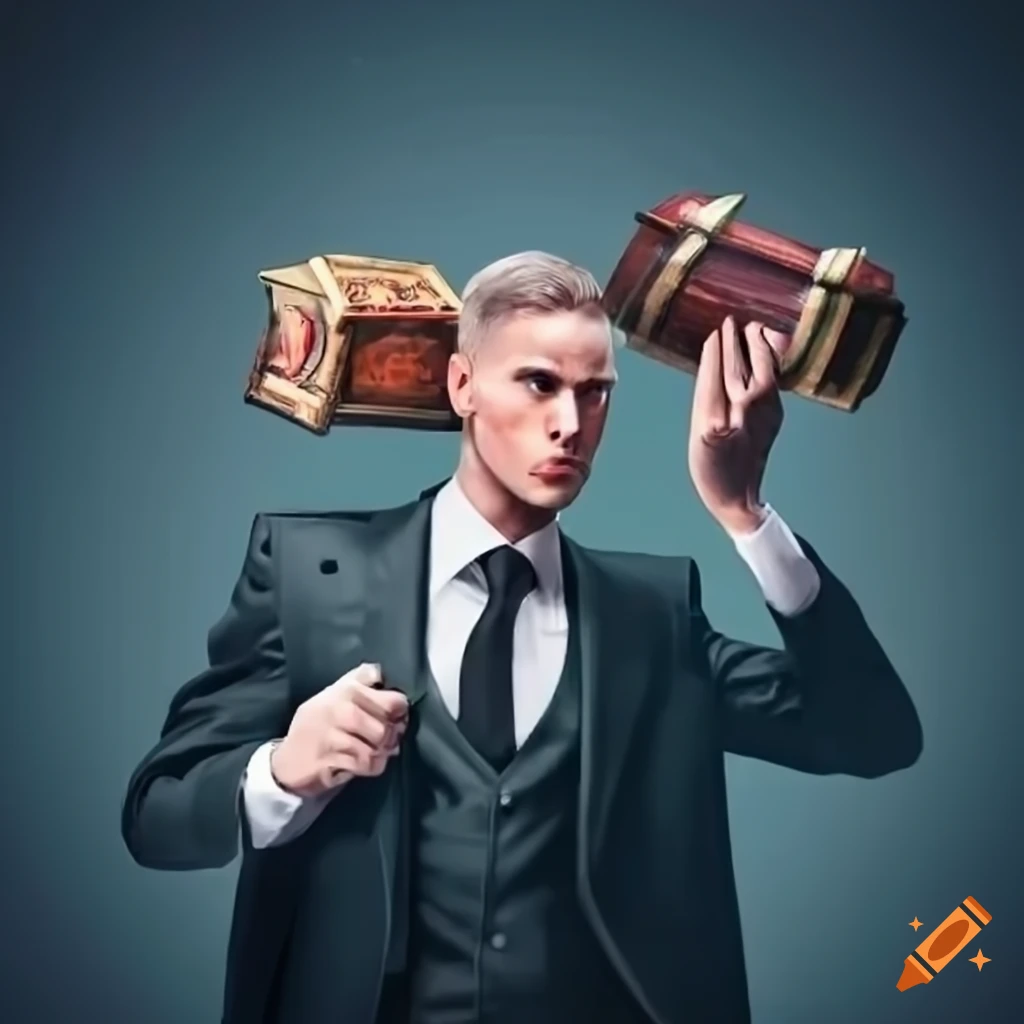 Man in suit with a chest of money