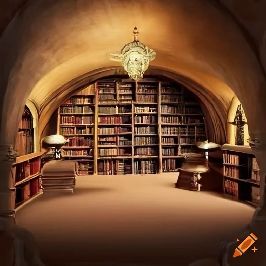 Library inside a cave with European Middle Ages style bookshelf
