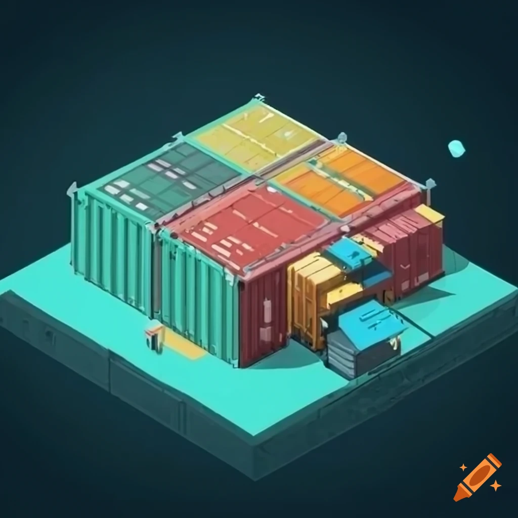 Isometric sci-fi shipping container mountain town bank