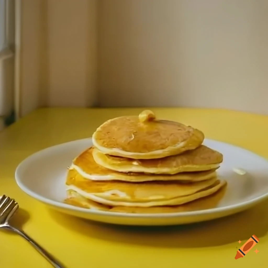 Yellow aesthetic photography with pancakes and honey on a table, window showing dawn