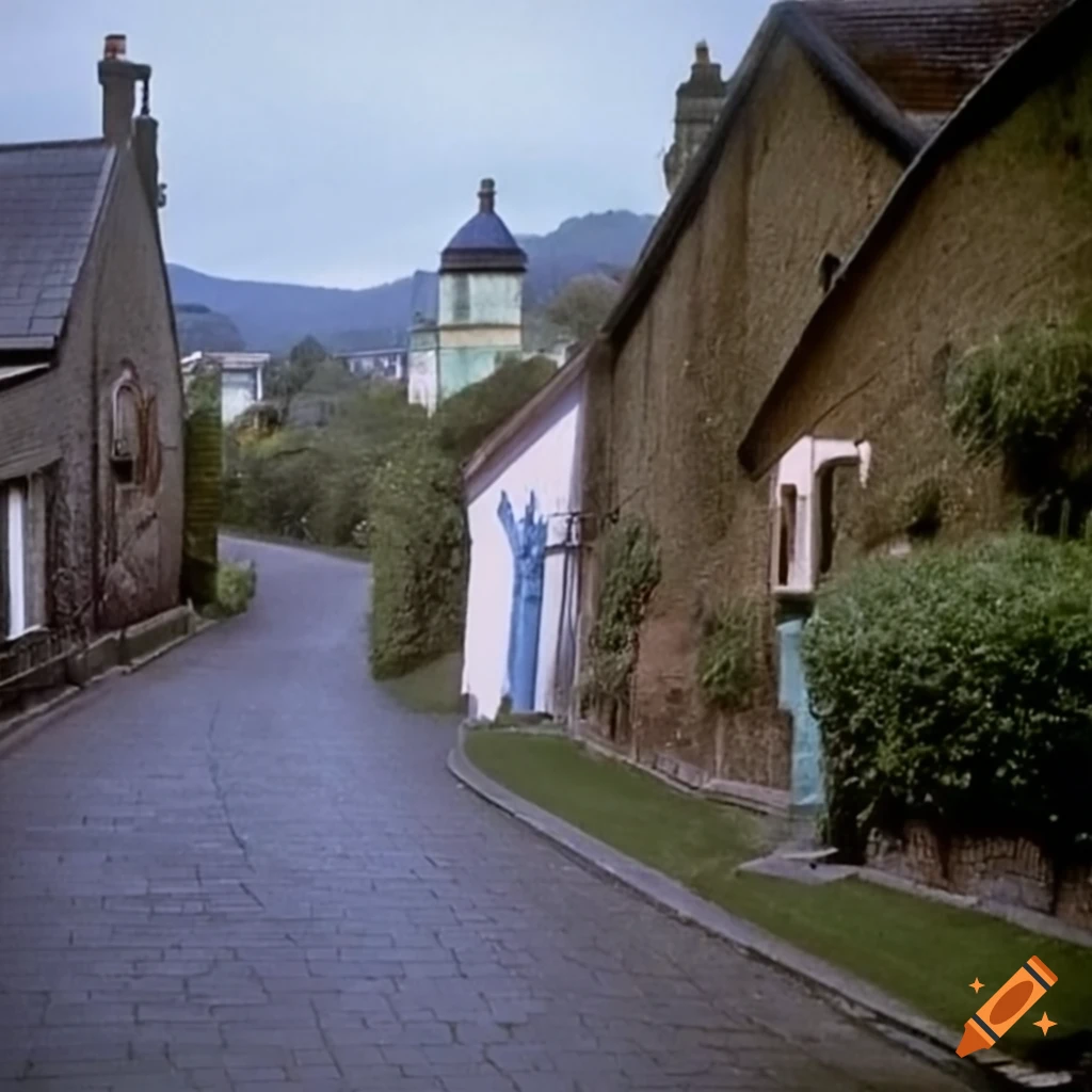 Street in the fields outside Portmeirion reminiscent of The Prisoner TV series