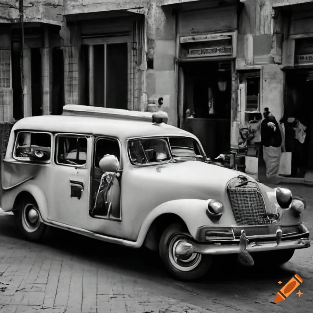 Ambulance with a long trunk in 1950s Beirut in black and white