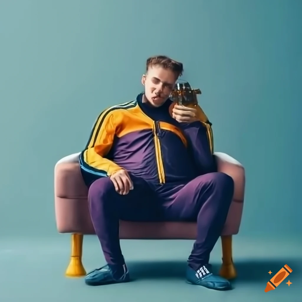 Man in adidas tracksuit relaxing with cat and beer on Craiyon