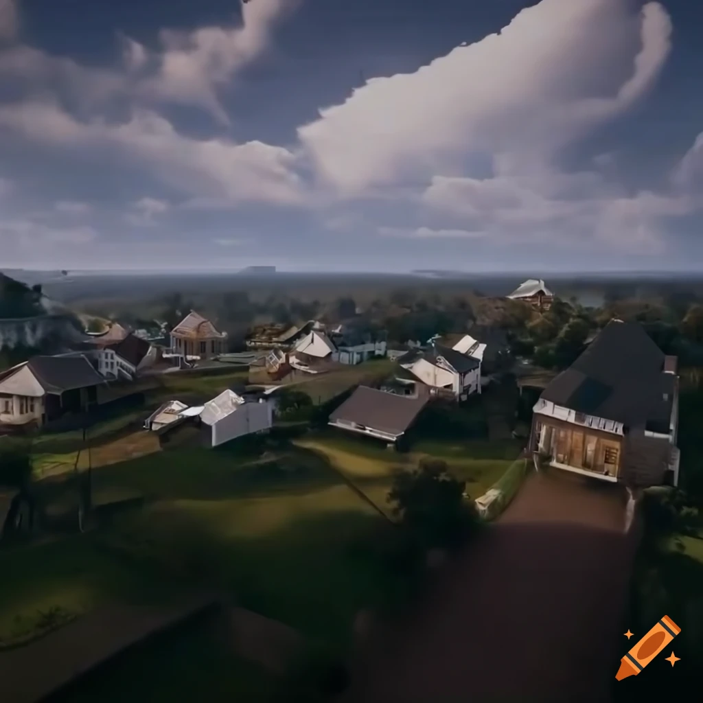 Aerial view of a sci-fi village with white houses and a church in a cloudy sky