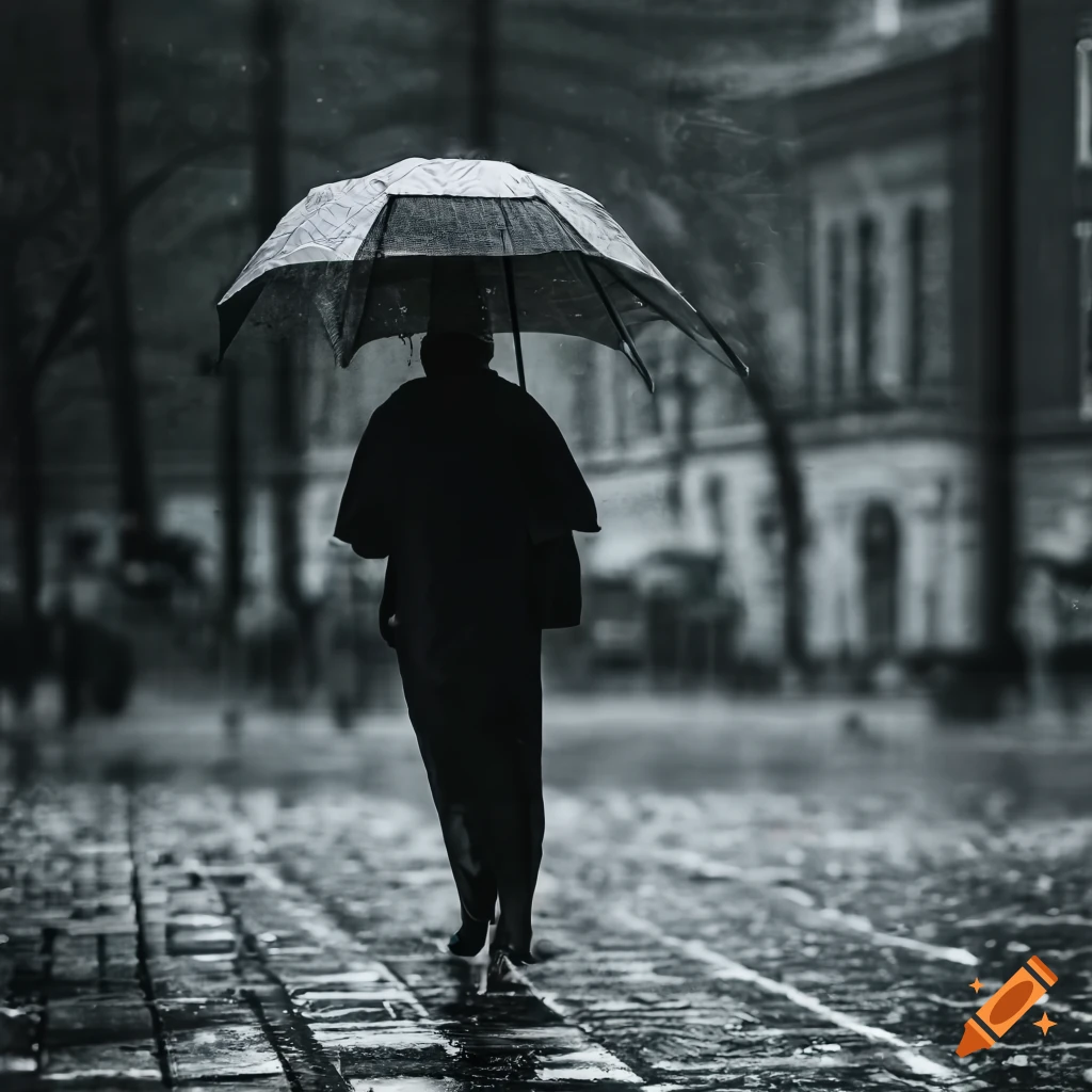 Man with umbrella on rainy city street looking at rain puddles