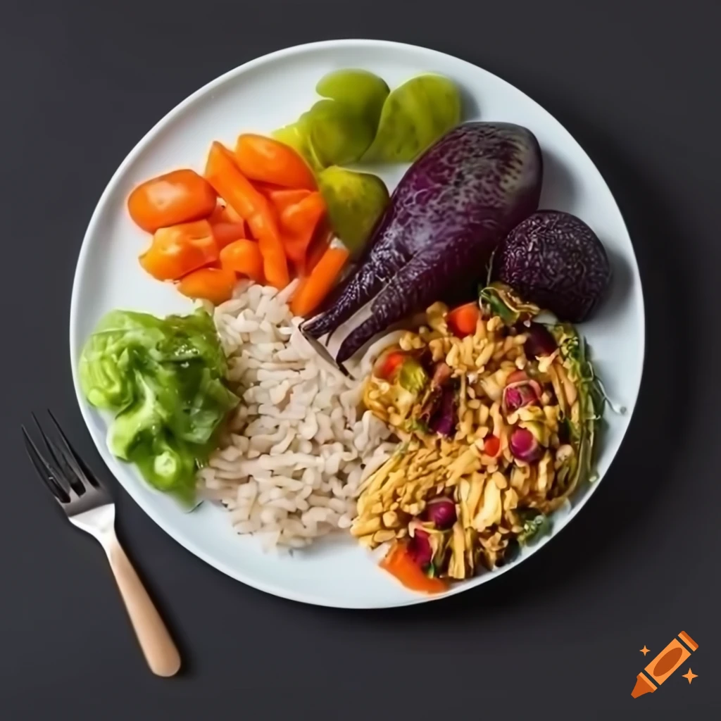 Nutritious food plate with vegetables, fruits, protein, and rice