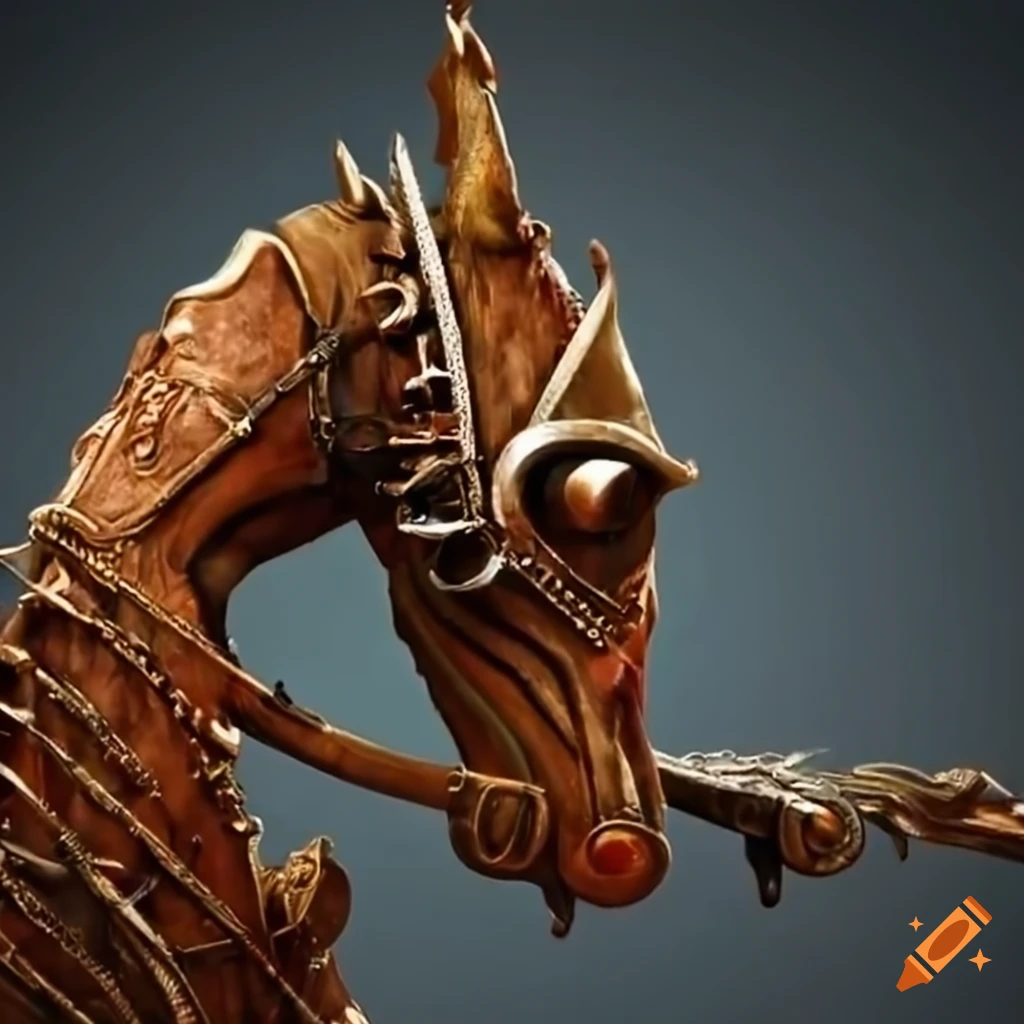 Artistic depiction of a horse made of weapons on Craiyon