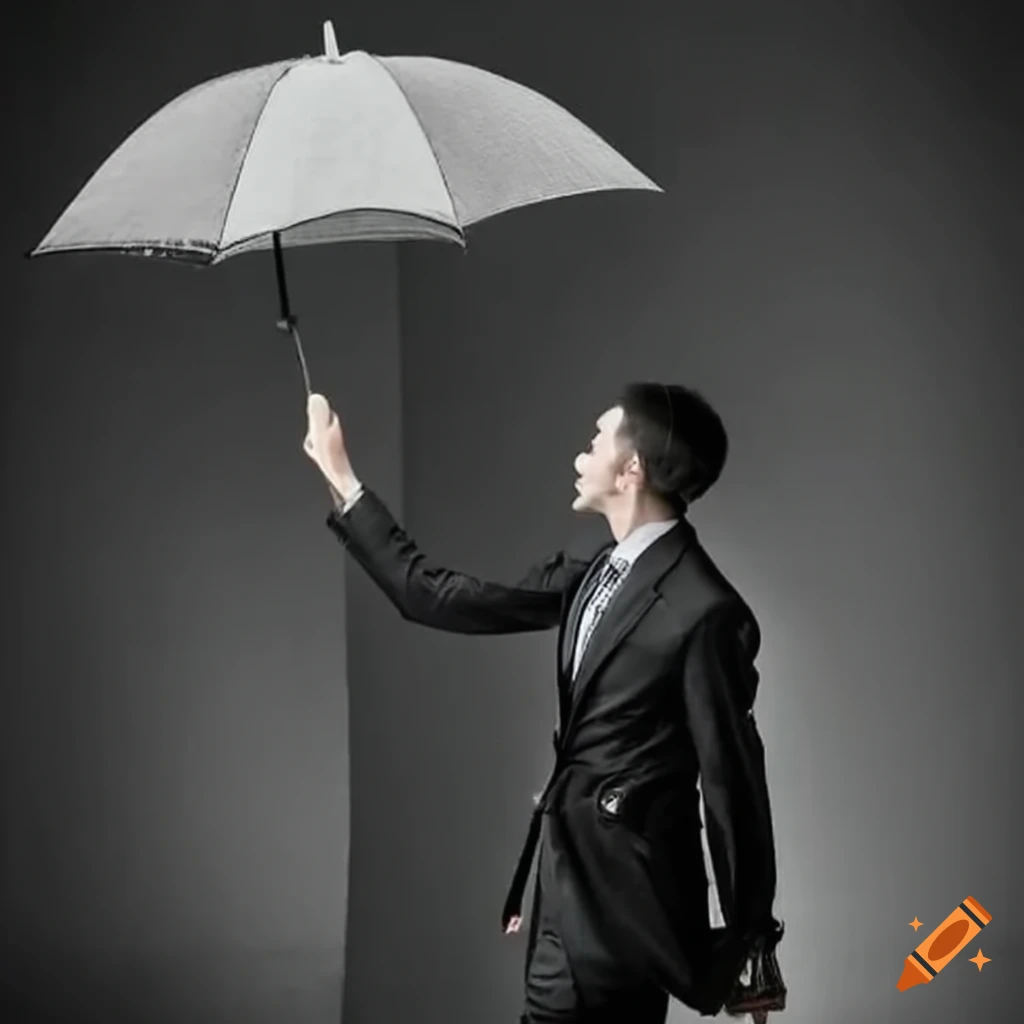 Businessman walking sadly in the rain receiving an umbrella from a stranger
