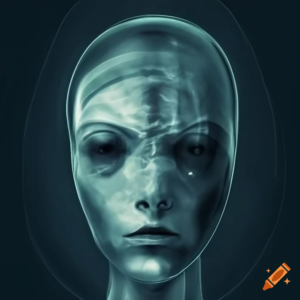 Surrealistic xray of face and body with a technological twist on Craiyon