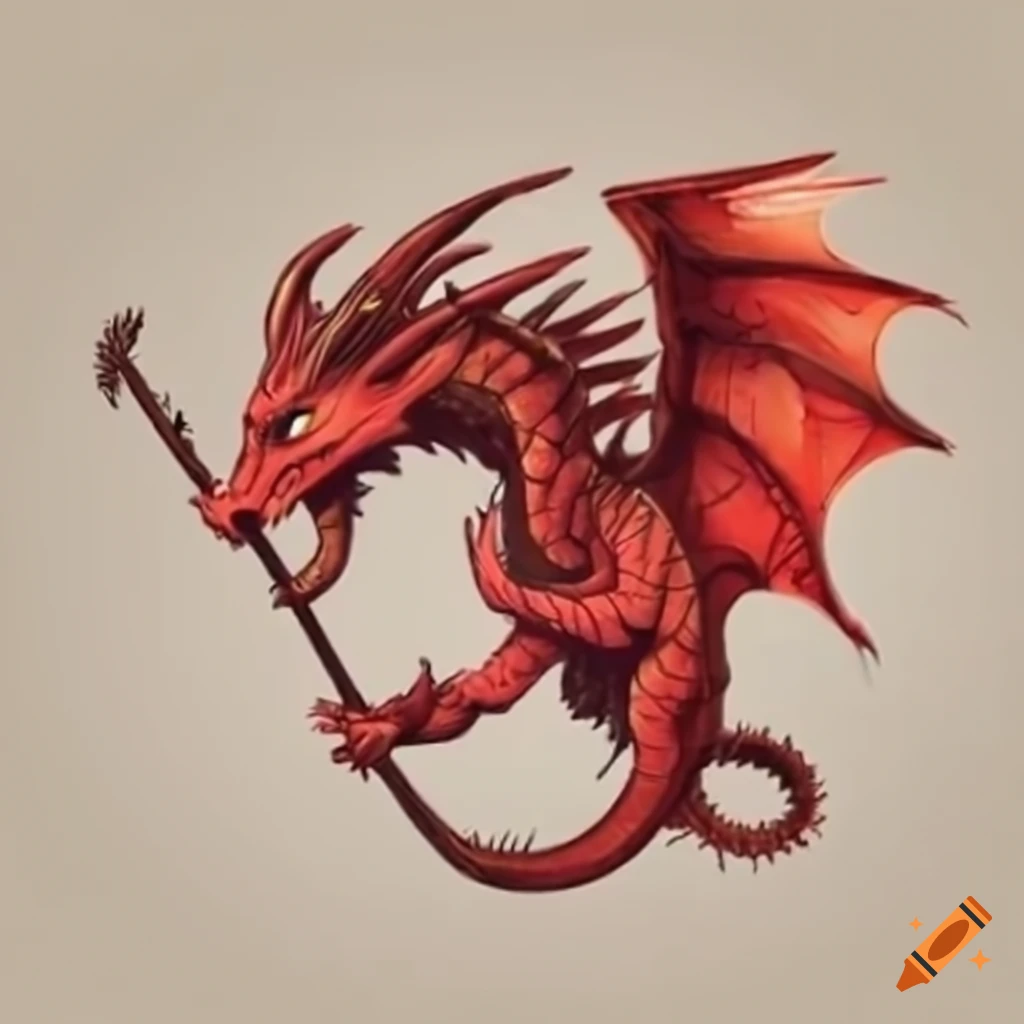 Small red dragon flying with a cane in the sky
